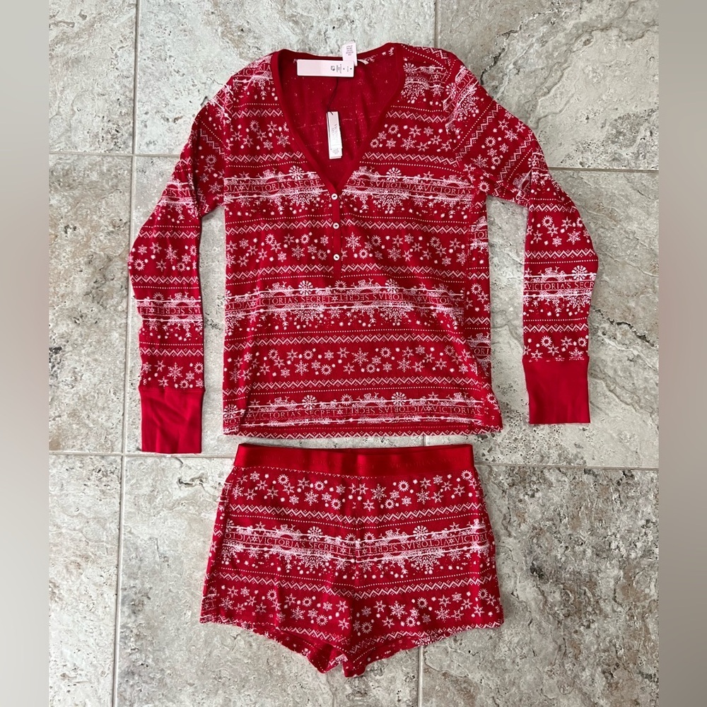 Victoria’s Secret NWT Thermal Shorts Long Sleeve Pajama Set Red Fair Isle Medium